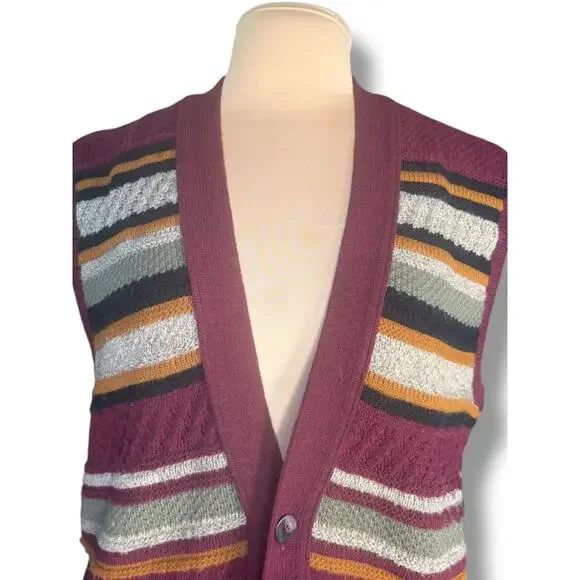 Vintage London Fog Striped Knit Sweater Vest Burgundy Multicolor 90s Grandpa